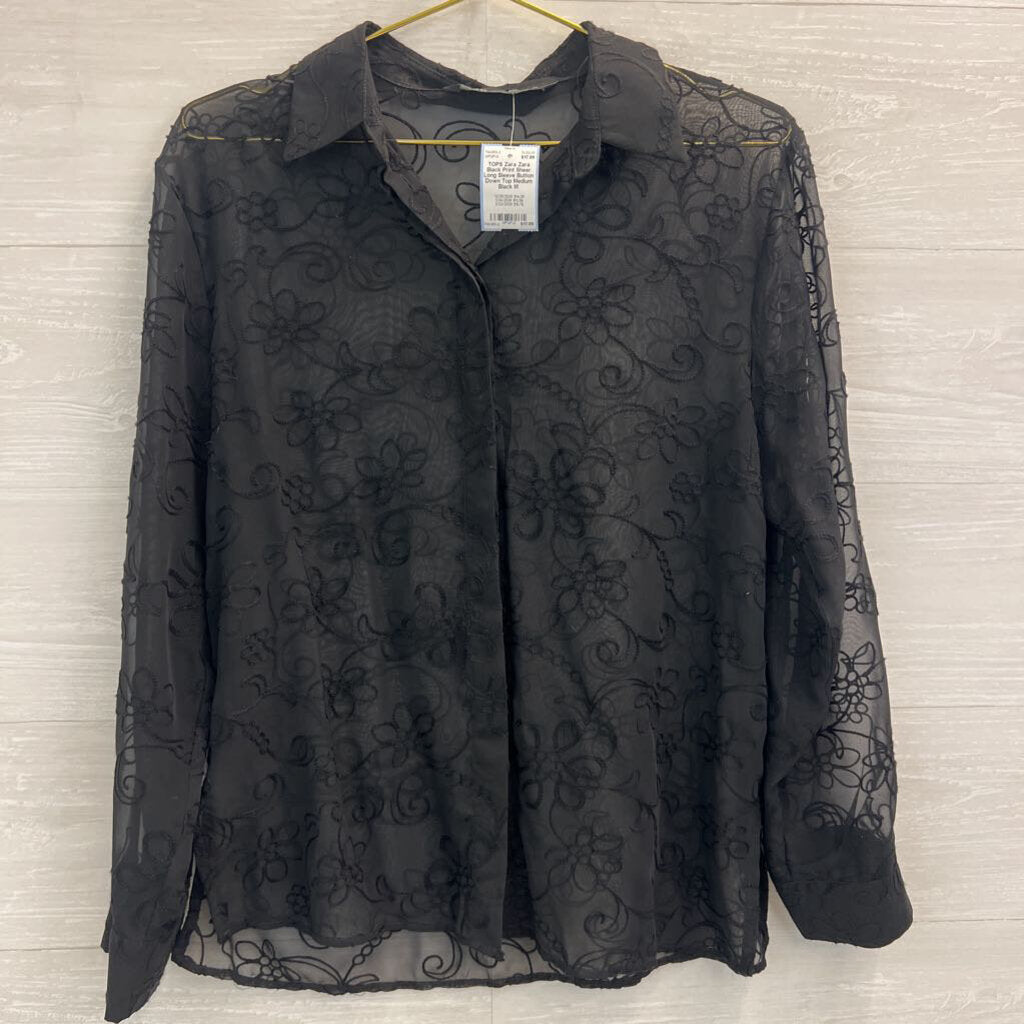 Zara Black Print Sheer Long Sleeve Button Down Top Medium