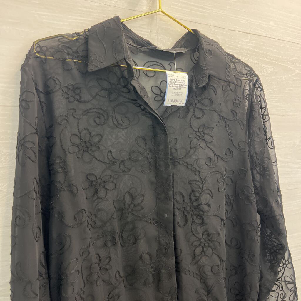 Zara Black Print Sheer Long Sleeve Button Down Top Medium