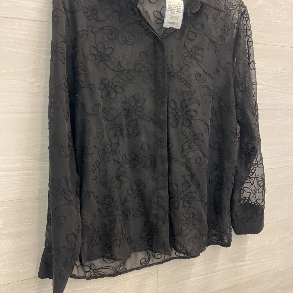Zara Black Print Sheer Long Sleeve Button Down Top Medium