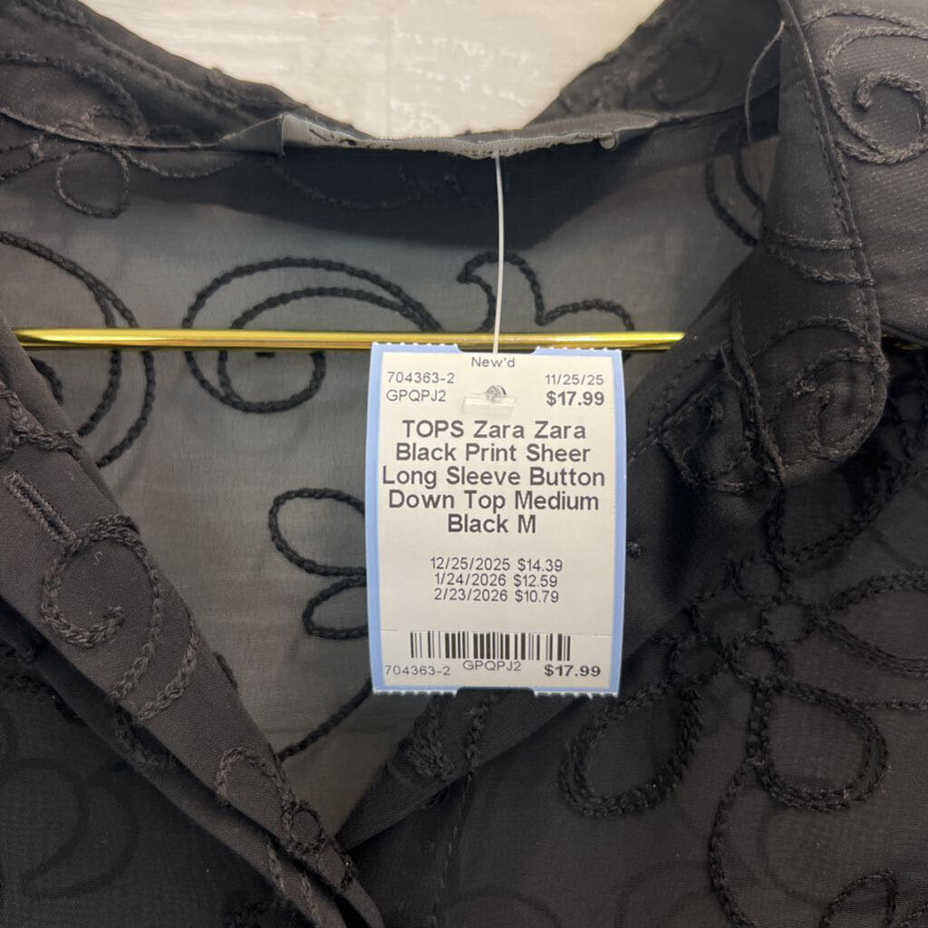 Zara Black Print Sheer Long Sleeve Button Down Top Medium