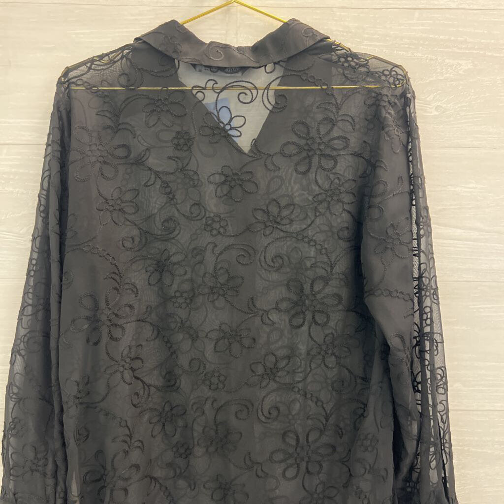 Zara Black Print Sheer Long Sleeve Button Down Top Medium