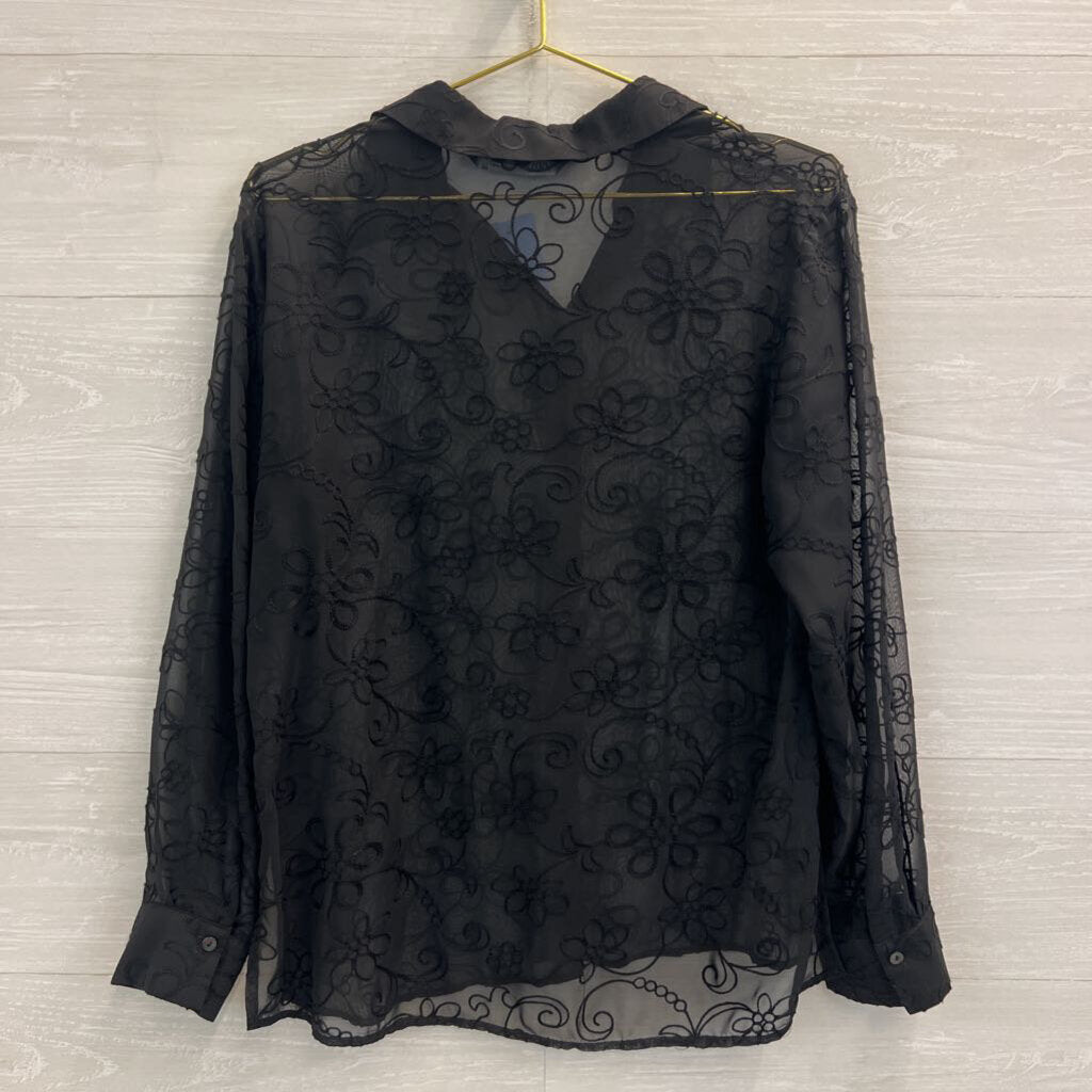 Zara Black Print Sheer Long Sleeve Button Down Top Medium