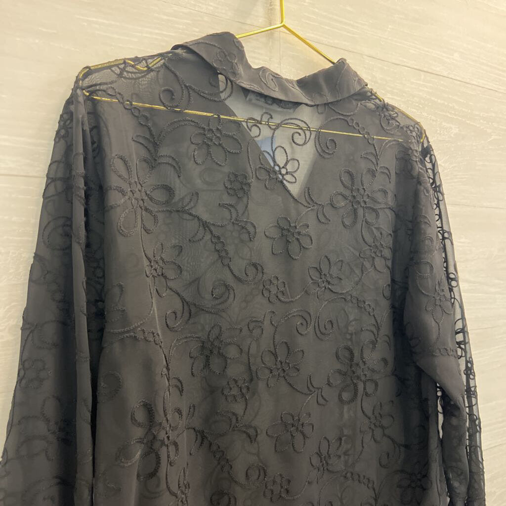 Zara Black Print Sheer Long Sleeve Button Down Top Medium