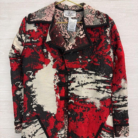 Viviana Gabeiras Red/ Grey Print Long Button Front Jacket Small