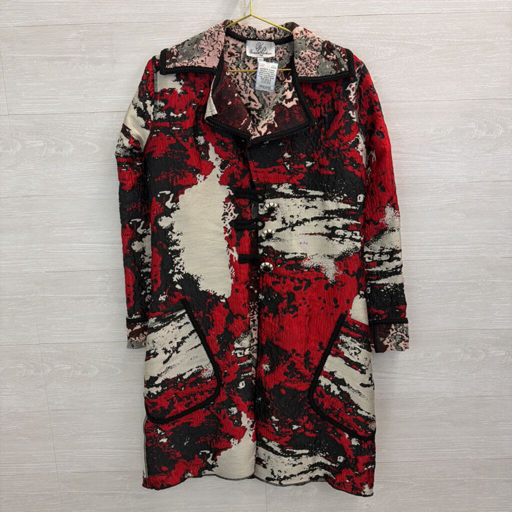 Viviana Gabeiras Red/ Grey Print Long Button Front Jacket Small