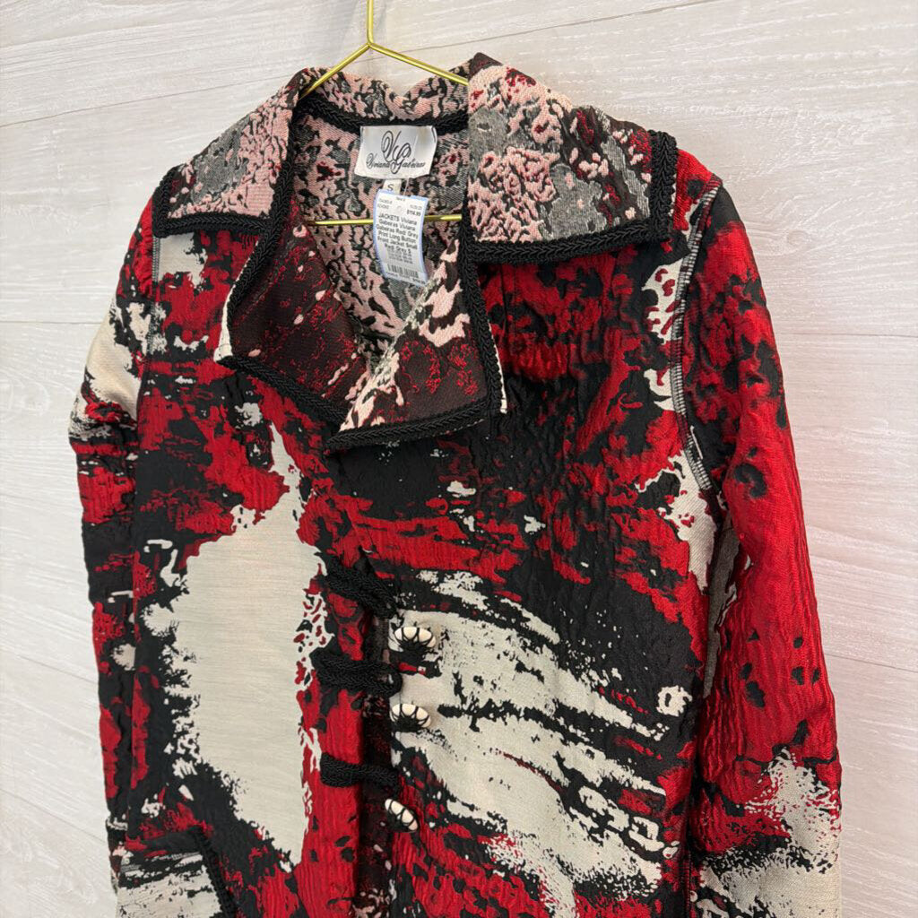 Viviana Gabeiras Red/ Grey Print Long Button Front Jacket Small