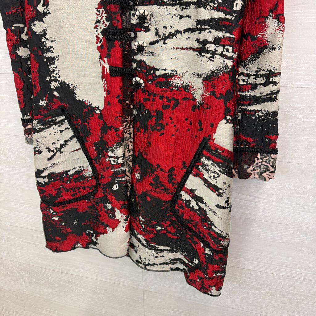 Viviana Gabeiras Red/ Grey Print Long Button Front Jacket Small