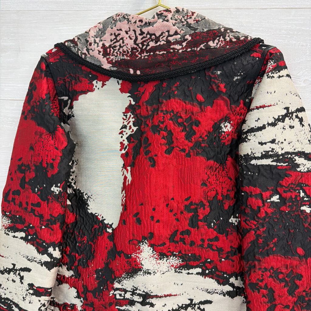 Viviana Gabeiras Red/ Grey Print Long Button Front Jacket Small