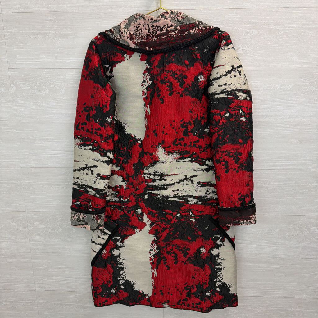 Viviana Gabeiras Red/ Grey Print Long Button Front Jacket Small