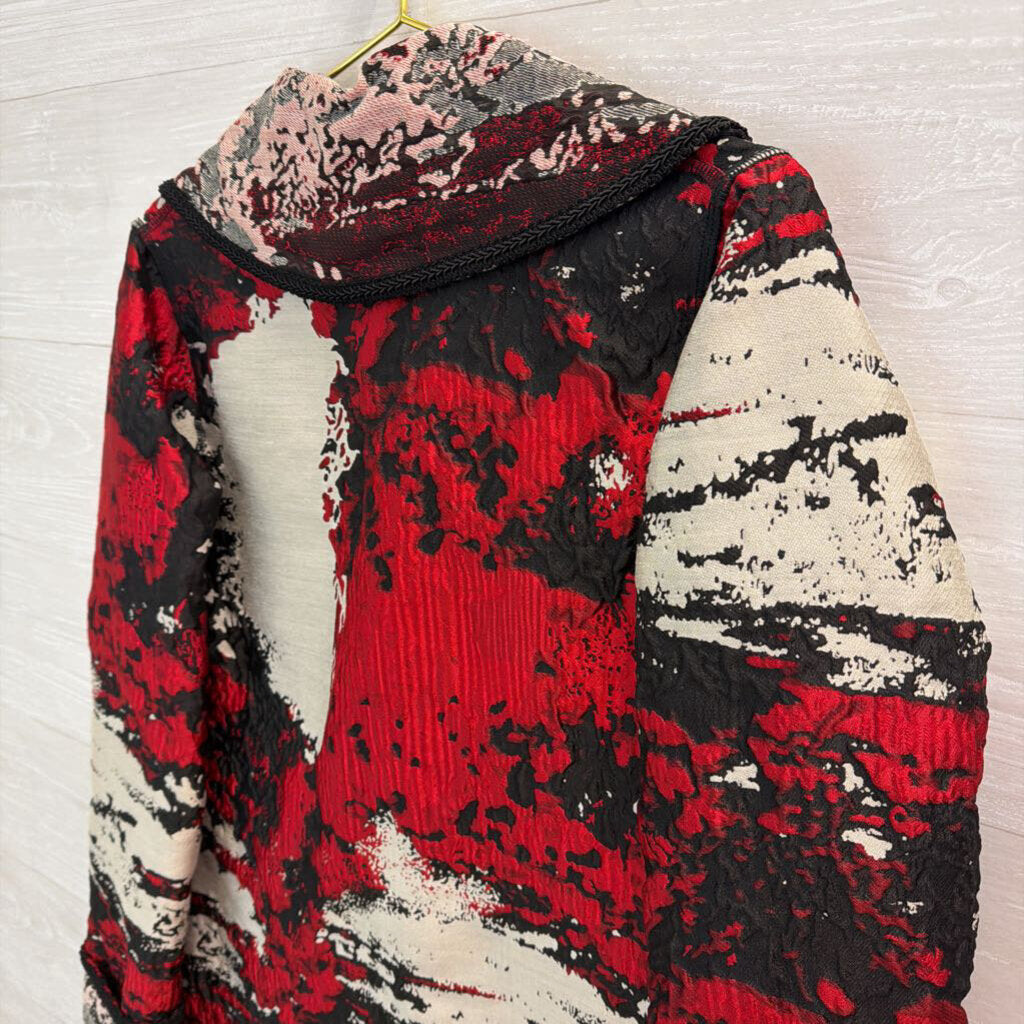 Viviana Gabeiras Red/ Grey Print Long Button Front Jacket Small
