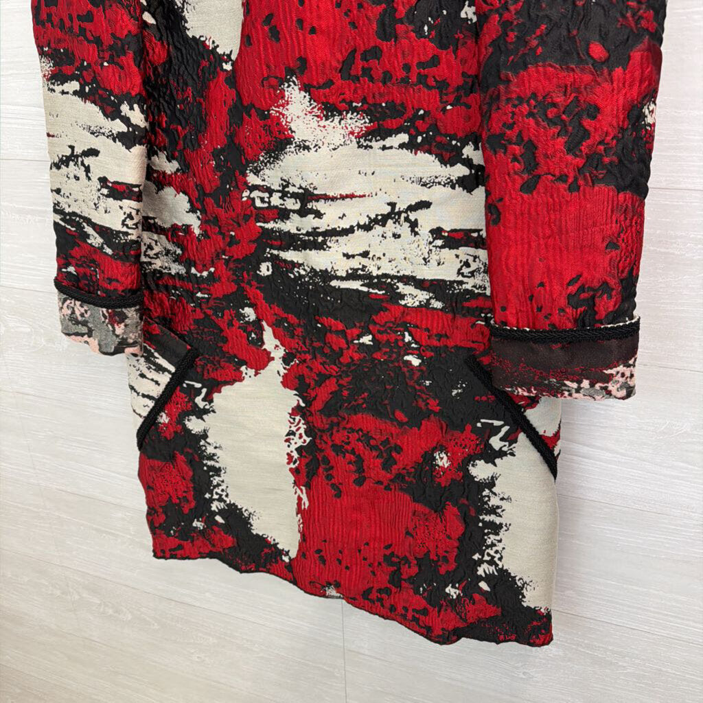 Viviana Gabeiras Red/ Grey Print Long Button Front Jacket Small