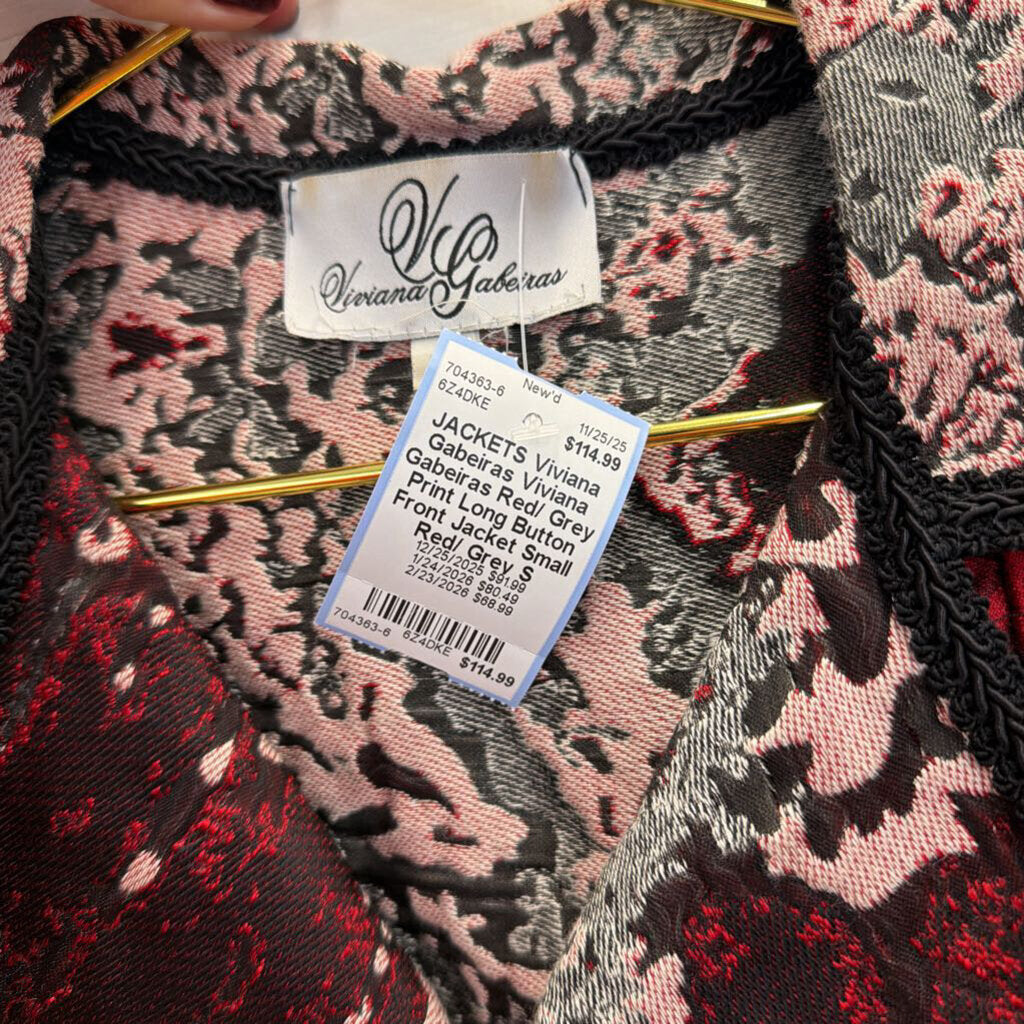 Viviana Gabeiras Red/ Grey Print Long Button Front Jacket Small