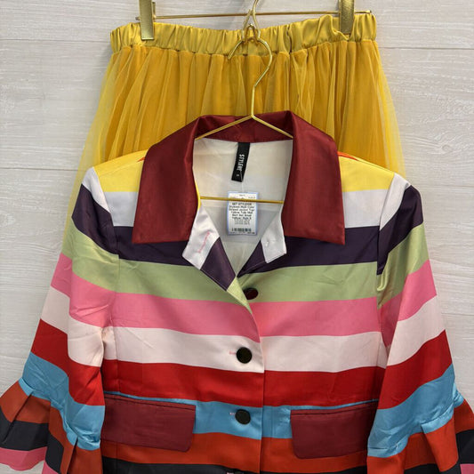 Stylewe Multi Color Striped Jacket Top/ Yellow Tulle Midi Skirt Set Small