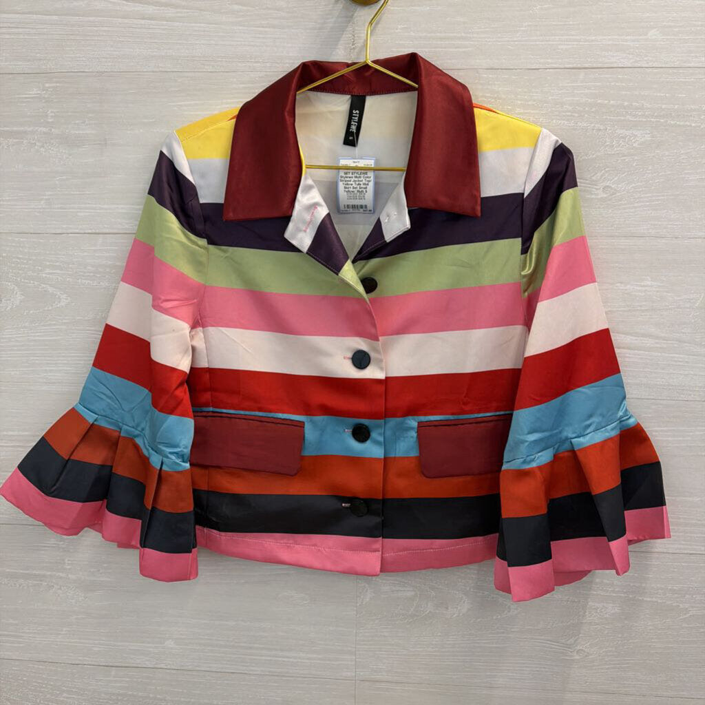 Stylewe Multi Color Striped Jacket Top/ Yellow Tulle Midi Skirt Set Small