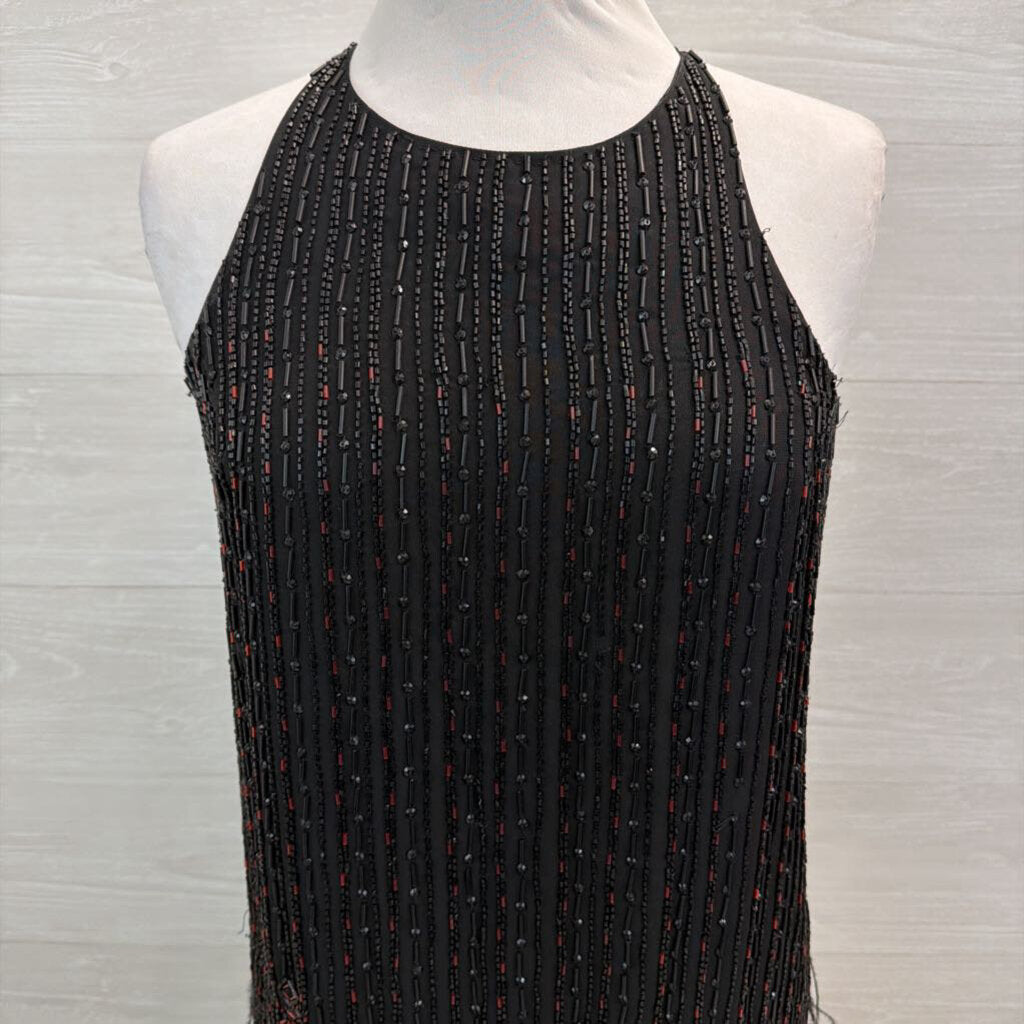 Parker Black/ Red Beaded Feather Hem Short Formal Dress Medium