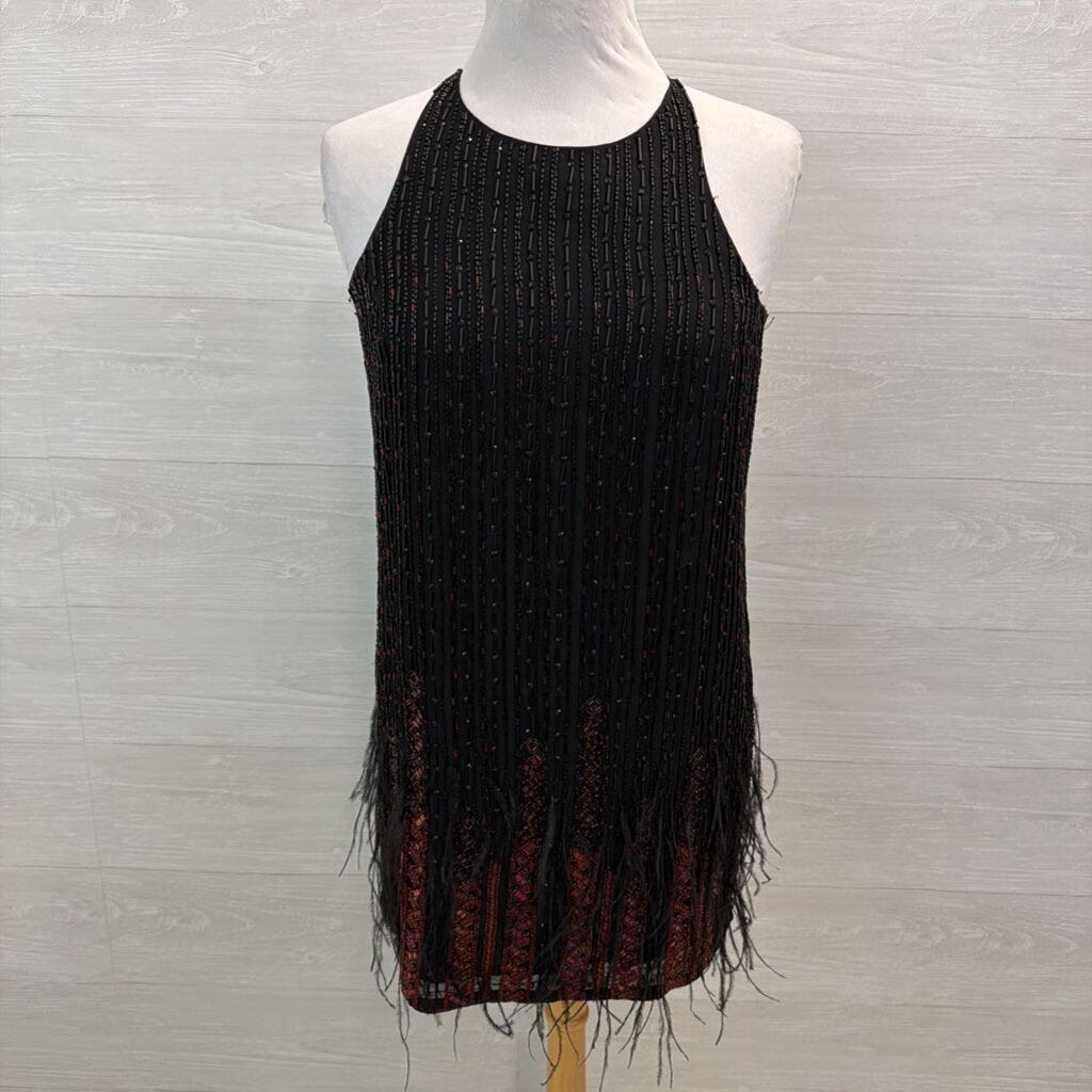 Parker Black/ Red Beaded Feather Hem Short Formal Dress Medium