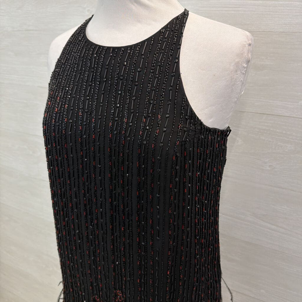 Parker Black/ Red Beaded Feather Hem Short Formal Dress Medium