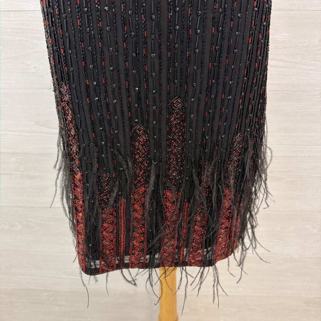 Parker Black/ Red Beaded Feather Hem Short Formal Dress Medium