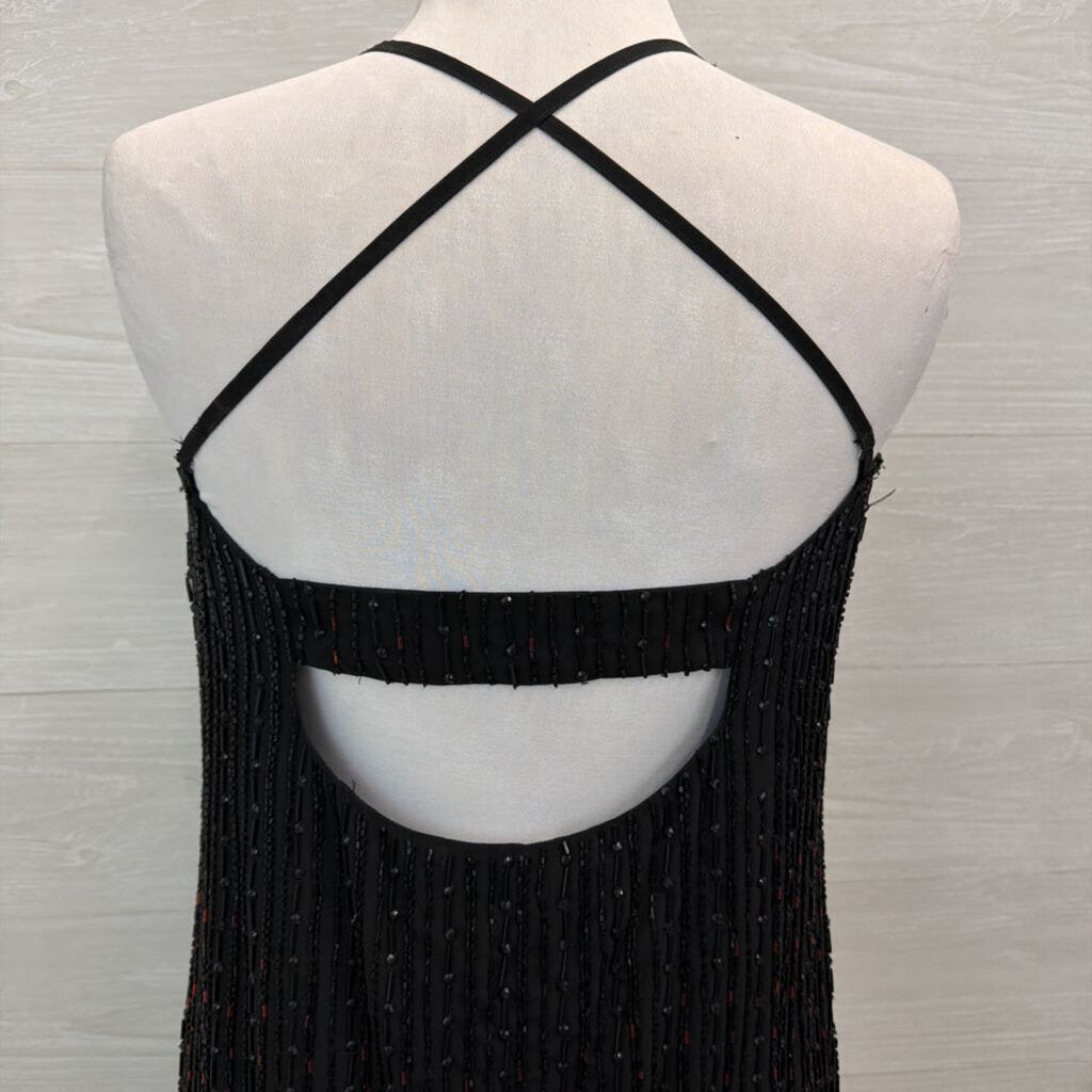 Parker Black/ Red Beaded Feather Hem Short Formal Dress Medium