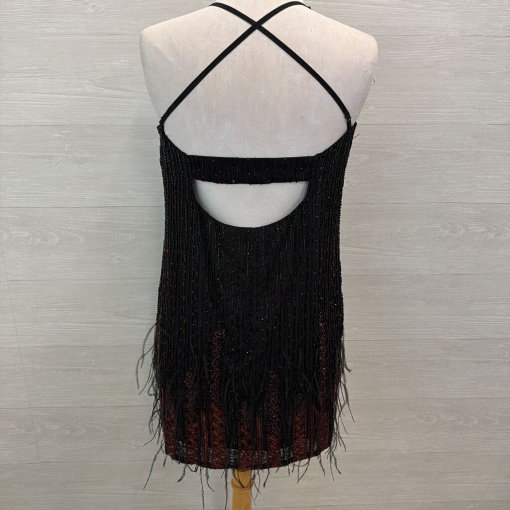 Parker Black/ Red Beaded Feather Hem Short Formal Dress Medium