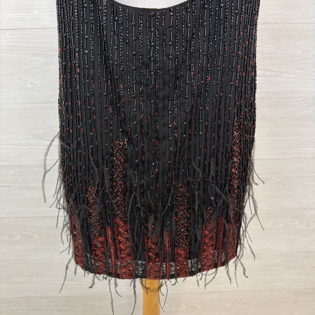 Parker Black/ Red Beaded Feather Hem Short Formal Dress Medium