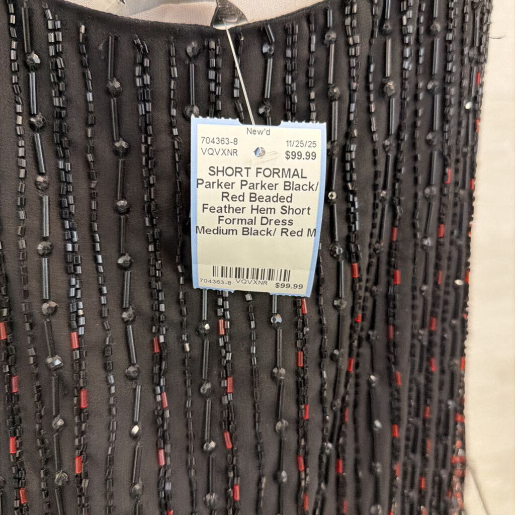 Parker Black/ Red Beaded Feather Hem Short Formal Dress Medium