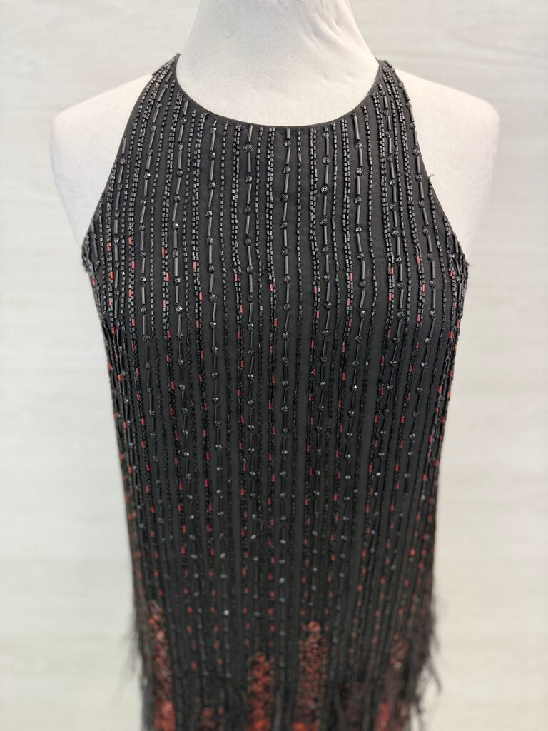 Parker Black/ Red Beaded Feather Hem Short Formal Dress Medium