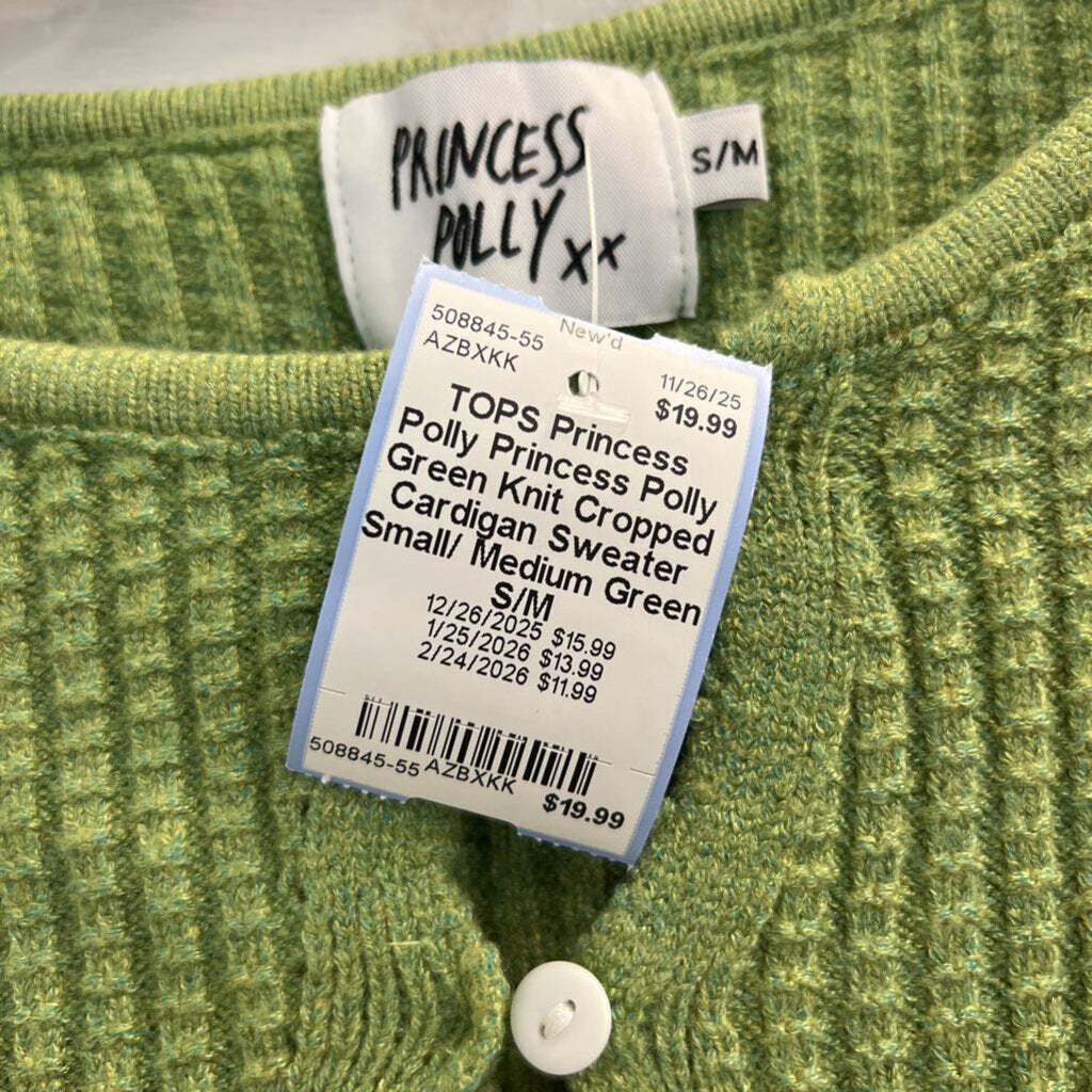 Princess Polly Green Knit Cropped Cardigan Sweater Small/ Medium