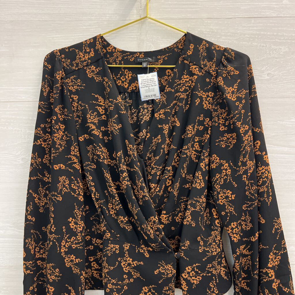 Dynamite Black/ Brown Floral Print Long Sleeve Top Small