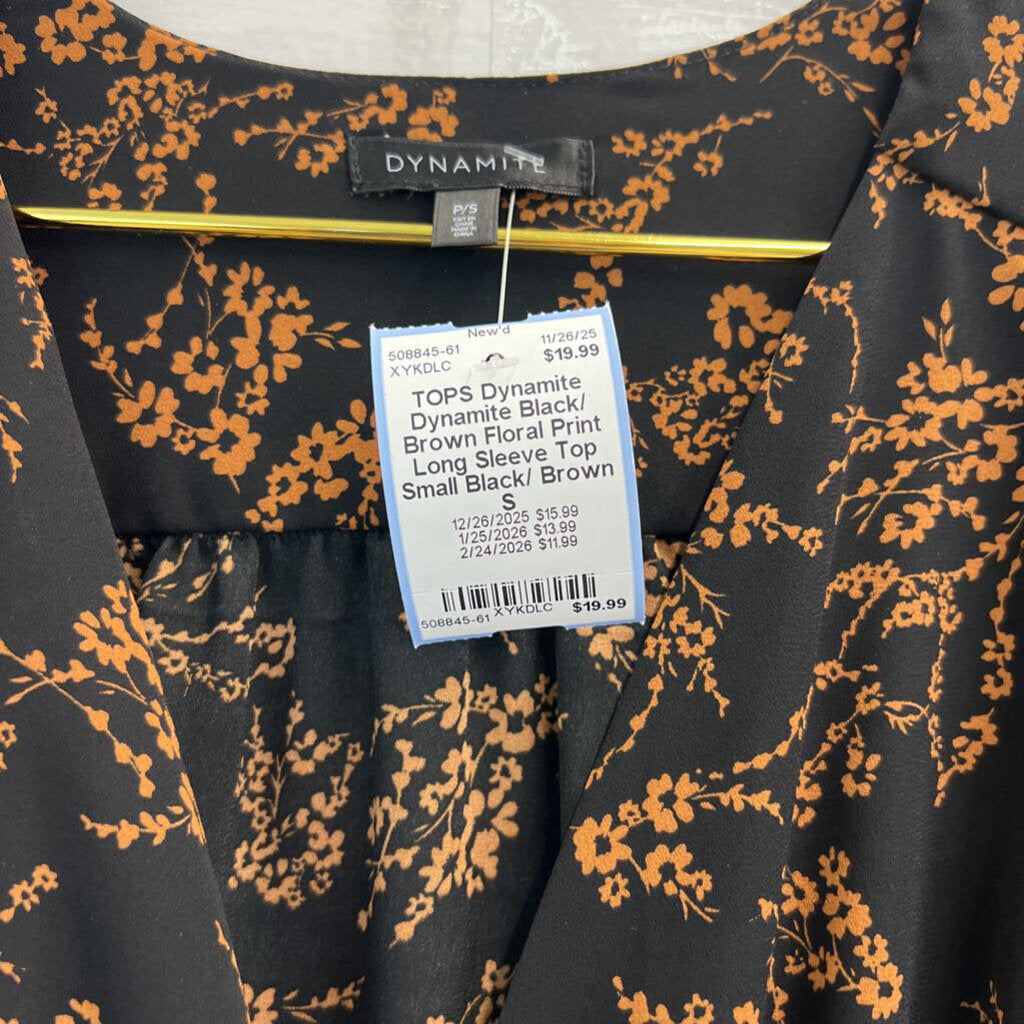 Dynamite Black/ Brown Floral Print Long Sleeve Top Small