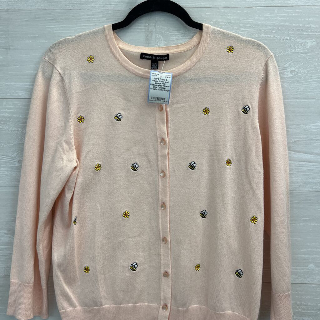 Cable and Gauge Pink Embroidered Flower Bee Cardigan Sweater Extra Large