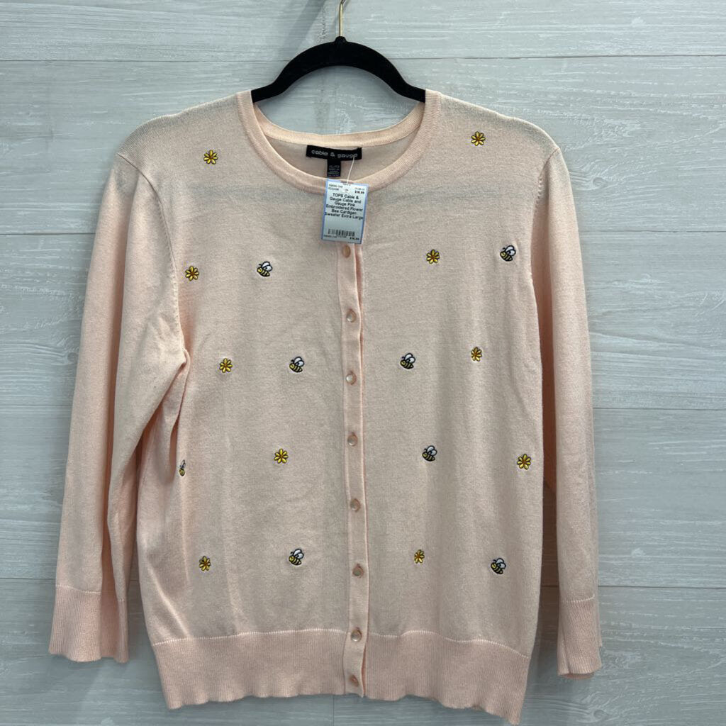Cable and Gauge Pink Embroidered Flower Bee Cardigan Sweater Extra Large