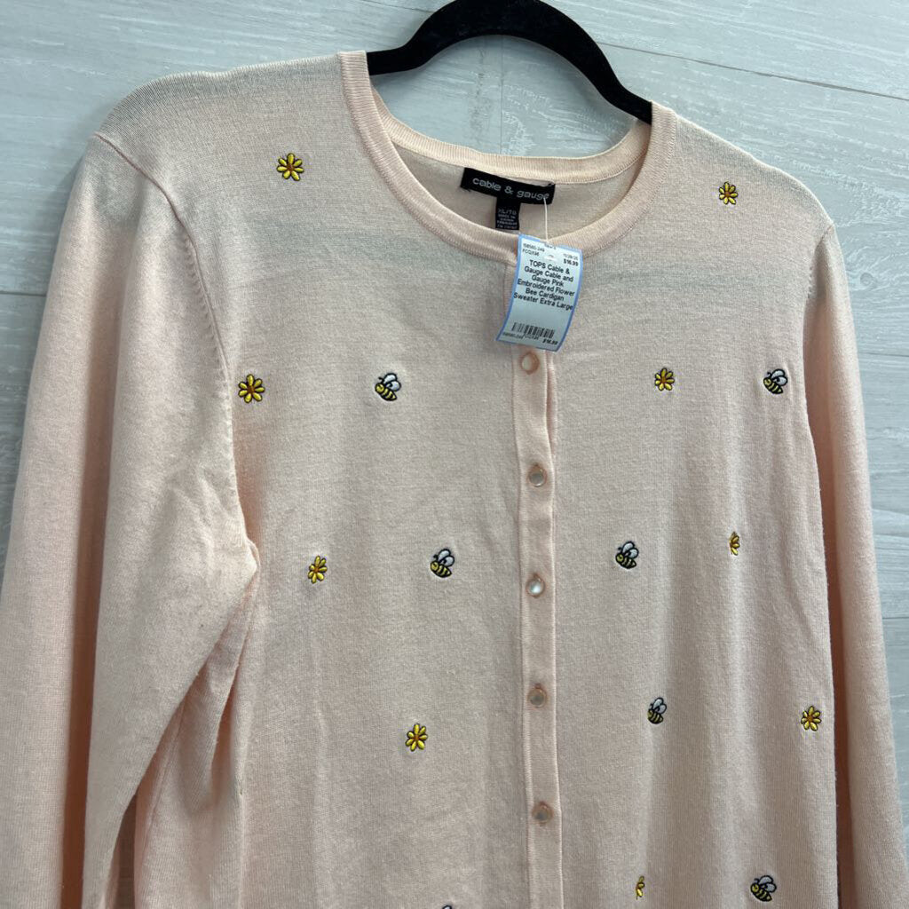 Cable and Gauge Pink Embroidered Flower Bee Cardigan Sweater Extra Large