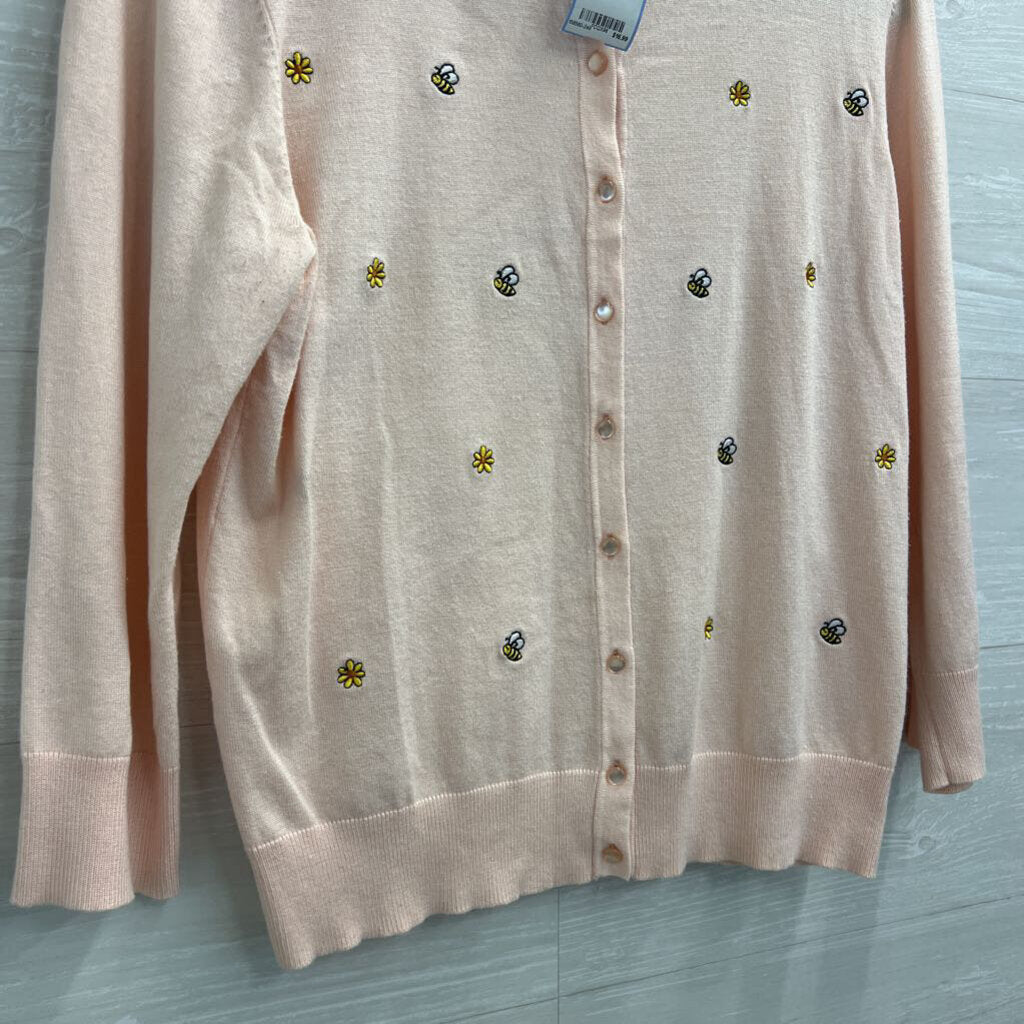 Cable and Gauge Pink Embroidered Flower Bee Cardigan Sweater Extra Large