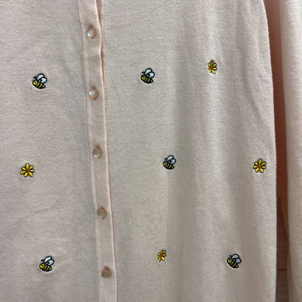 Cable and Gauge Pink Embroidered Flower Bee Cardigan Sweater Extra Large