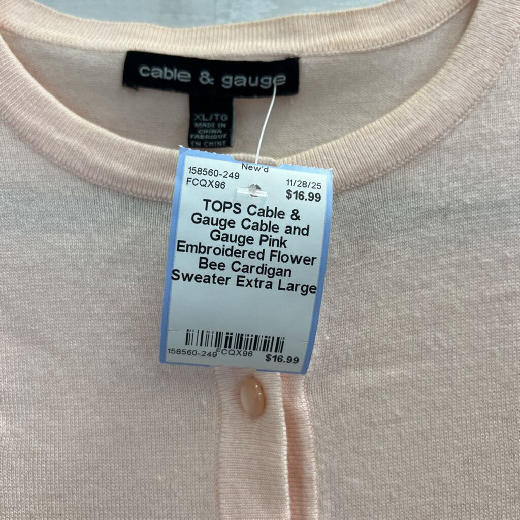 Cable and Gauge Pink Embroidered Flower Bee Cardigan Sweater Extra Large