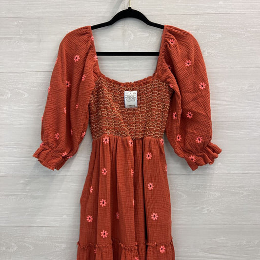 Orange/ Pink Embroidered Flower Long Puff Sleeve Maxi Dress Small