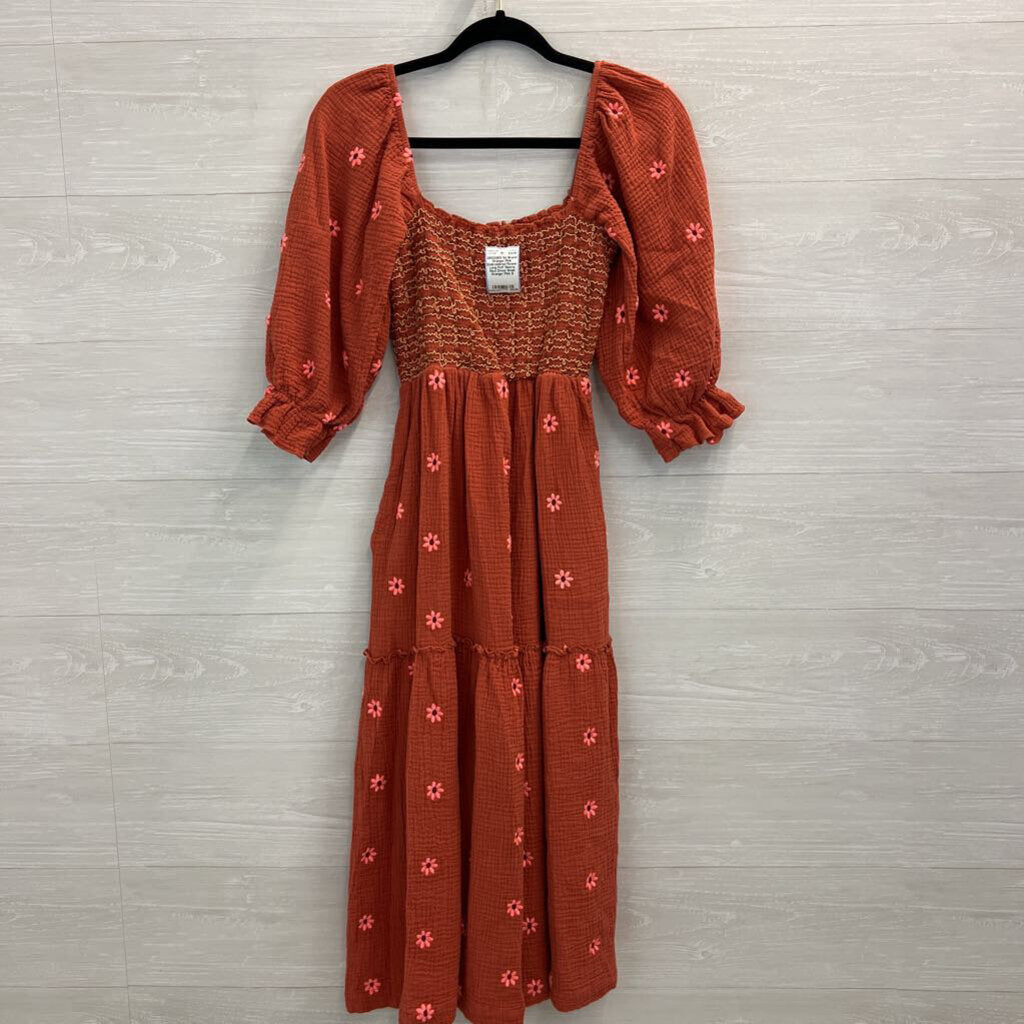 Orange/ Pink Embroidered Flower Long Puff Sleeve Maxi Dress Small