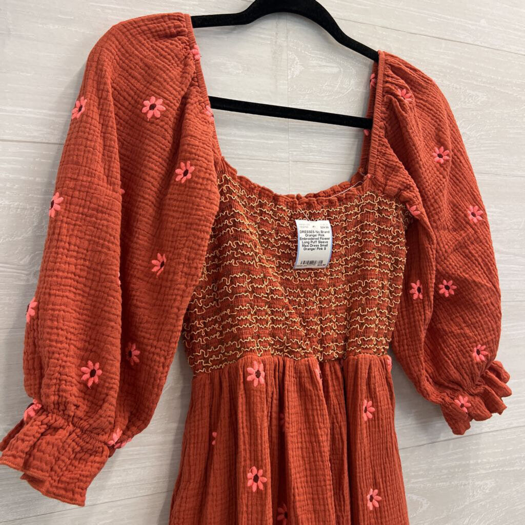 Orange/ Pink Embroidered Flower Long Puff Sleeve Maxi Dress Small