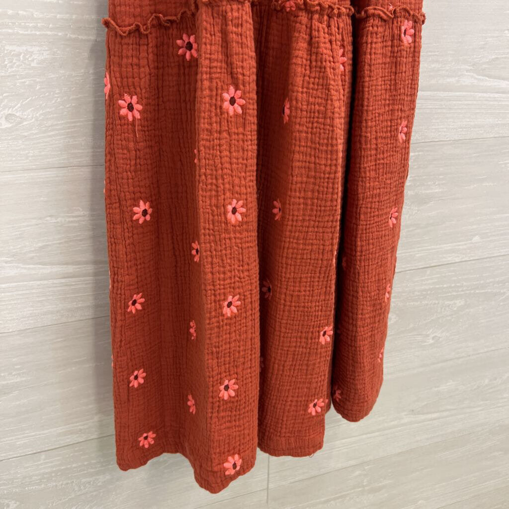 Orange/ Pink Embroidered Flower Long Puff Sleeve Maxi Dress Small