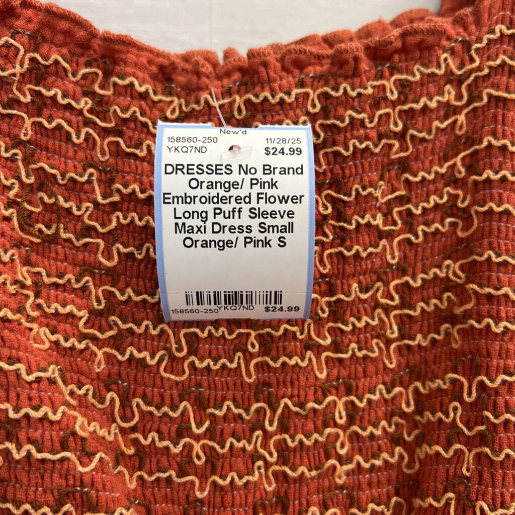 Orange/ Pink Embroidered Flower Long Puff Sleeve Maxi Dress Small