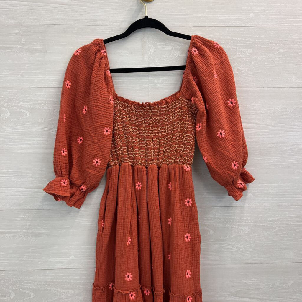 Orange/ Pink Embroidered Flower Long Puff Sleeve Maxi Dress Small
