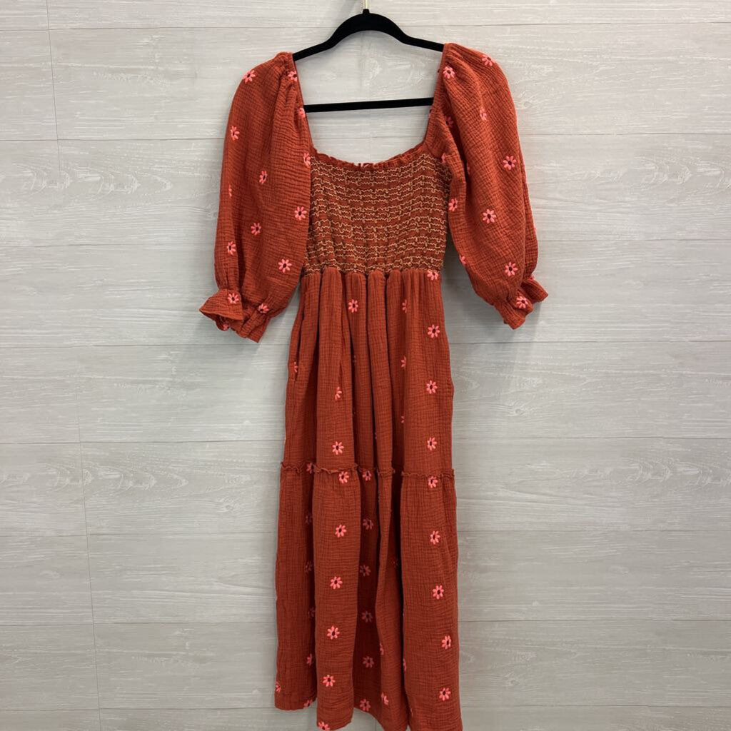 Orange/ Pink Embroidered Flower Long Puff Sleeve Maxi Dress Small