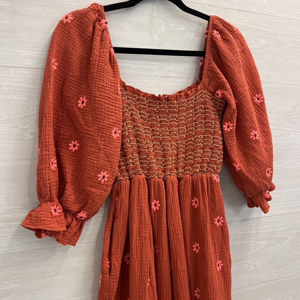 Orange/ Pink Embroidered Flower Long Puff Sleeve Maxi Dress Small