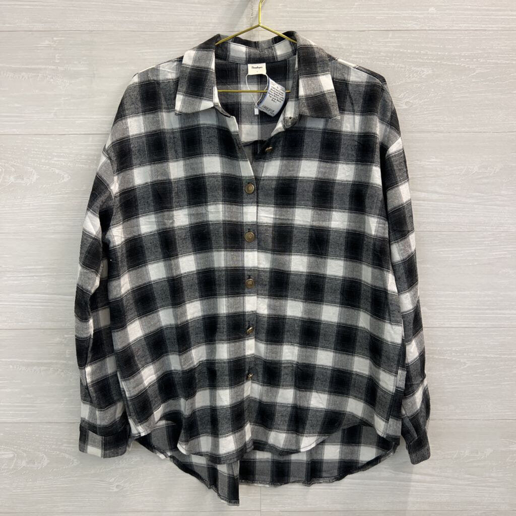 Besshopie Black/ Grey Gingham Long Sleeve Button Down Top Large