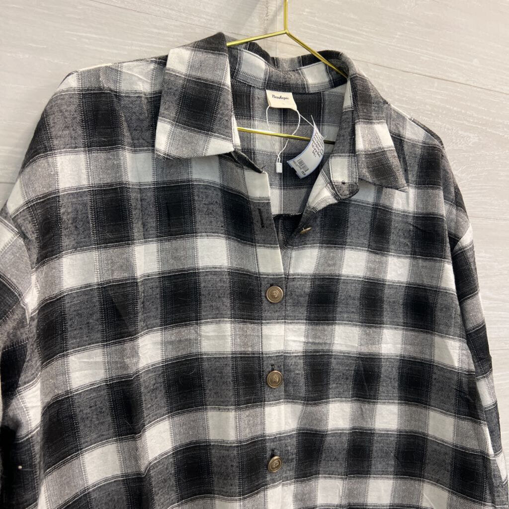 Besshopie Black/ Grey Gingham Long Sleeve Button Down Top Large