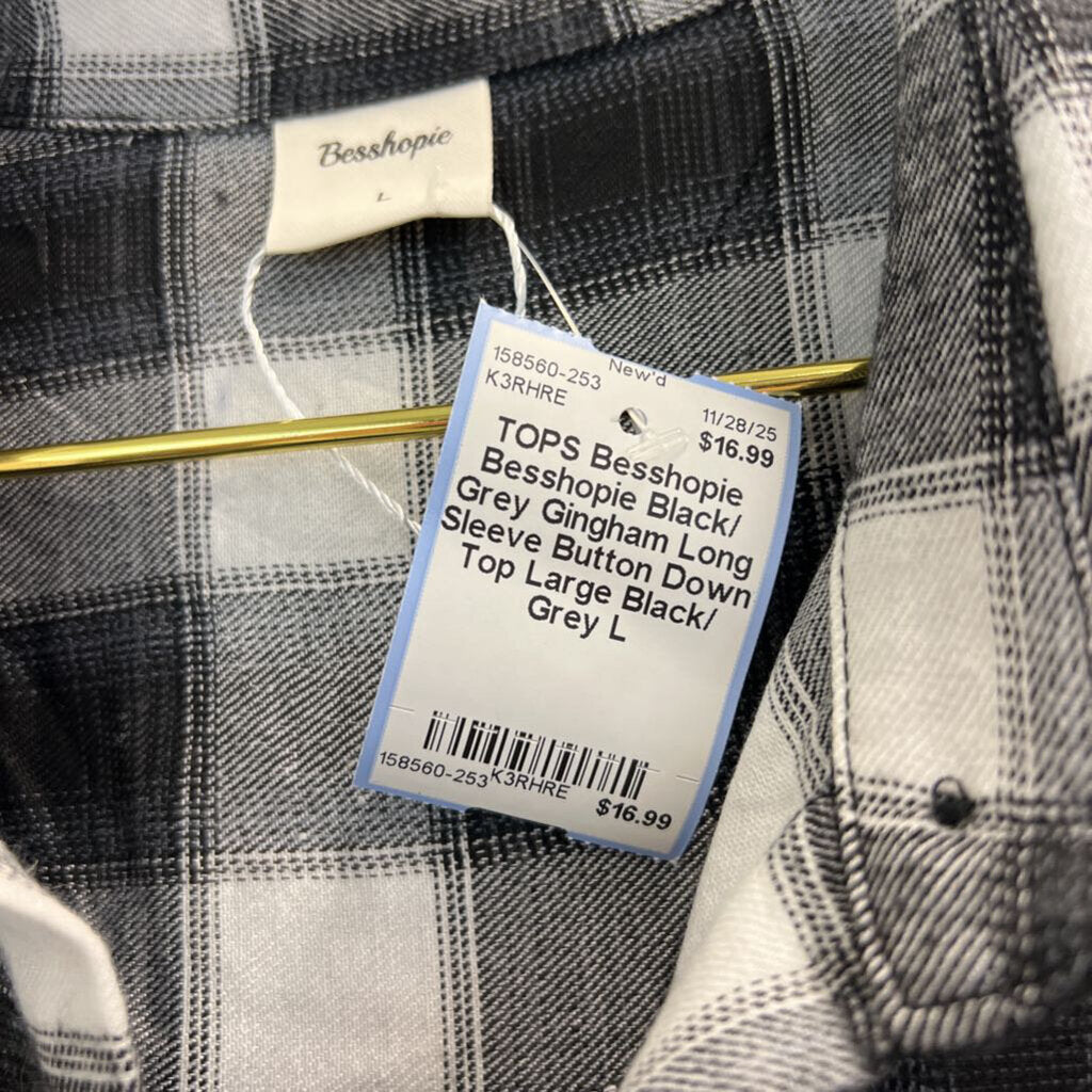 Besshopie Black/ Grey Gingham Long Sleeve Button Down Top Large