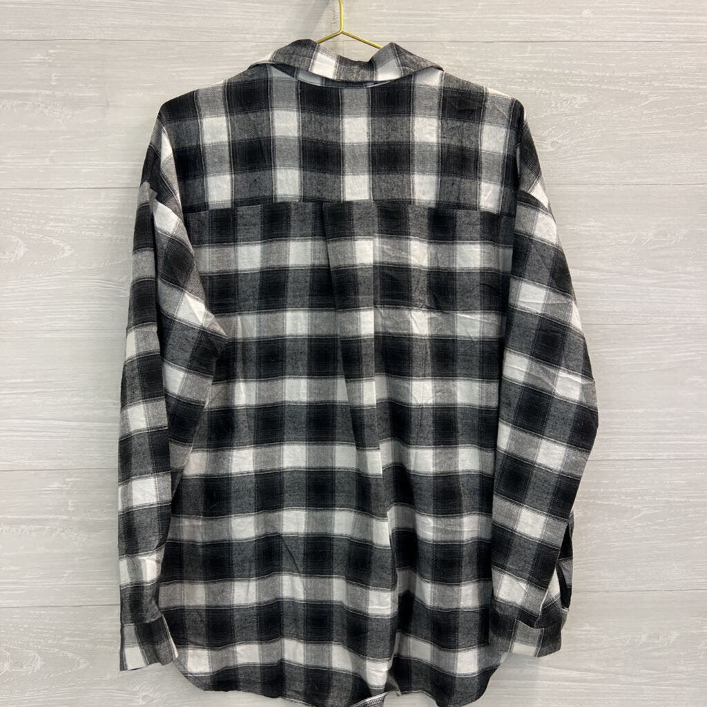 Besshopie Black/ Grey Gingham Long Sleeve Button Down Top Large