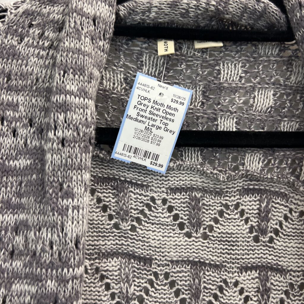 Moth Grey Knit Open Front Sleeveless Sweater Top Medium/ Large
