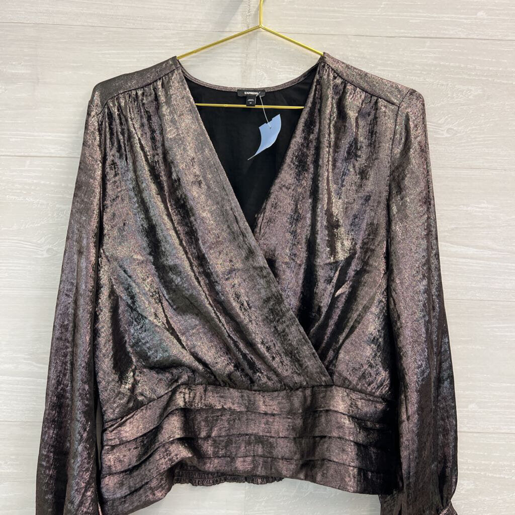 Express Metallic Grey Long Sleeve V Neck Top Medium